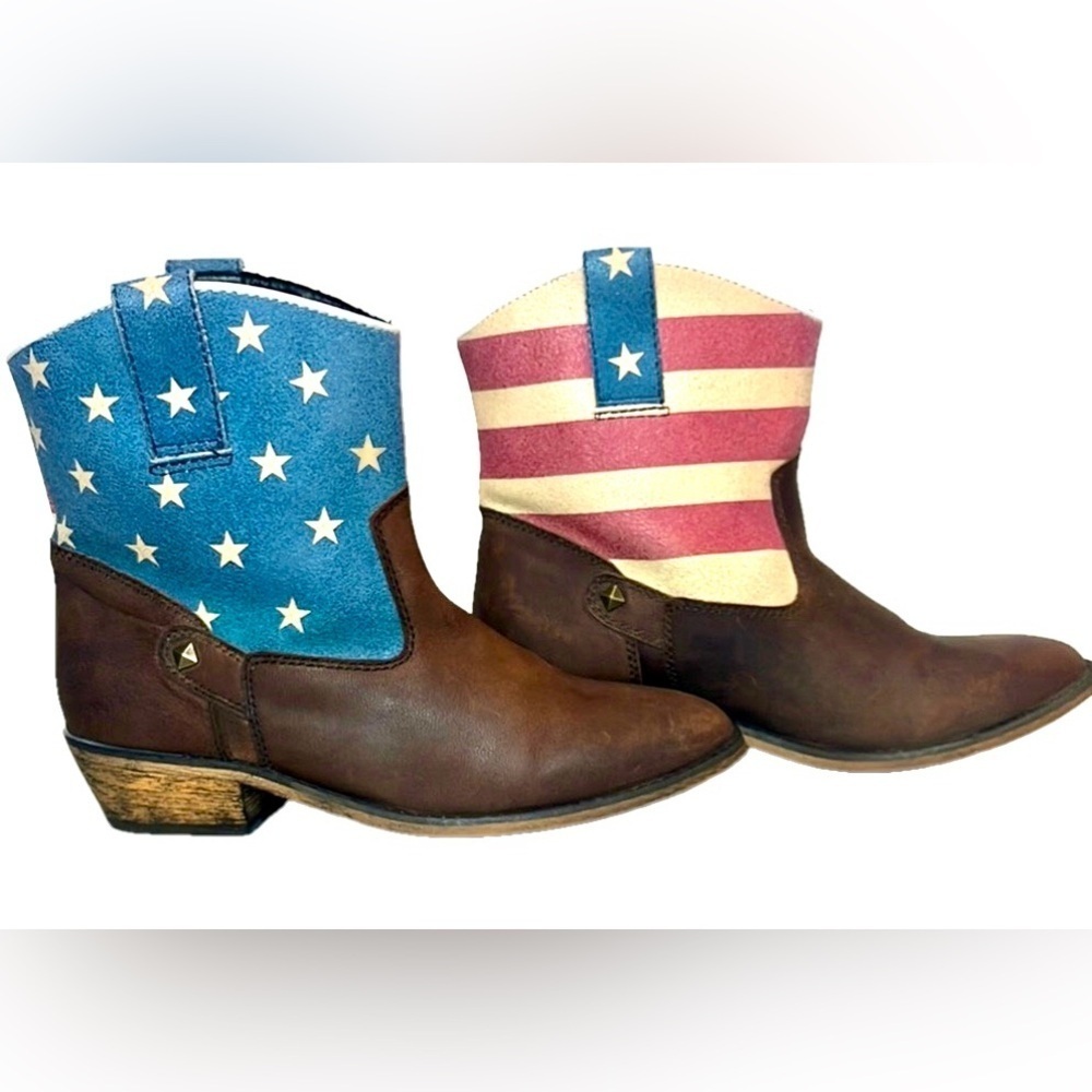 American Flag Western Ankle Boots - Brown & Red/White/Blue